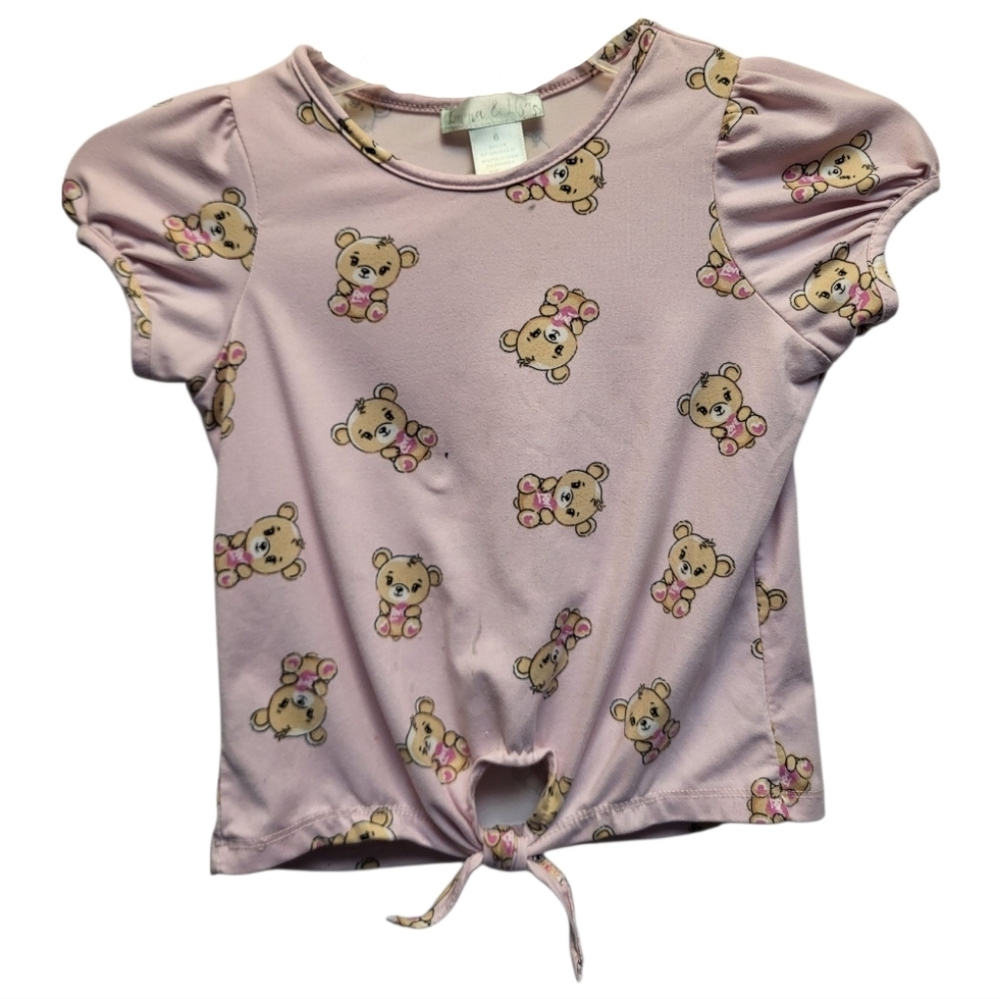Kids Cute Pink Short Sleeved Teddy Bear Print Top - Size 6